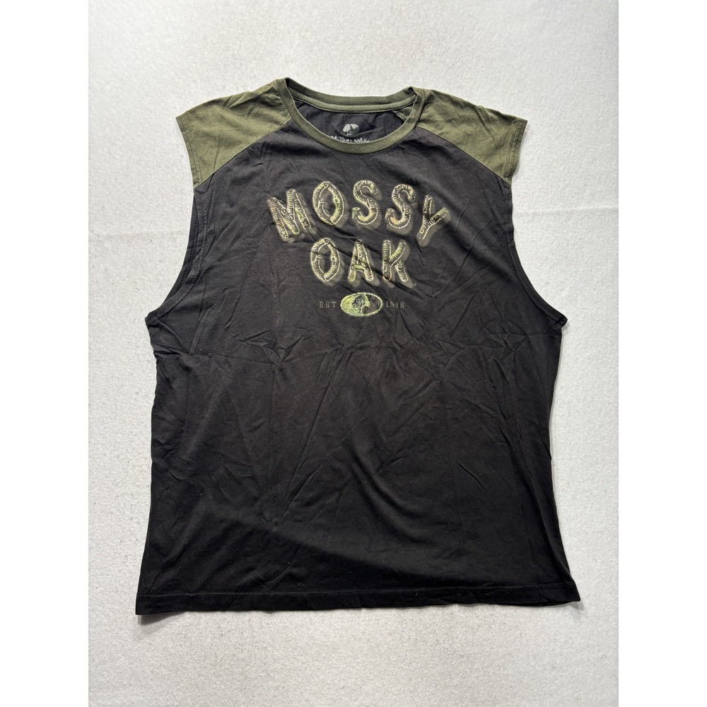 Mossy Oak Shirt Mens 2XL Black Green Logo Graphic Sleeveless Tee Hunting Outdoor